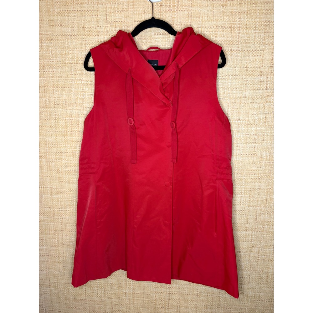 Eileen Fisher Red Hooded Vest Italian Fabric Cotton Nylon Button Front Large